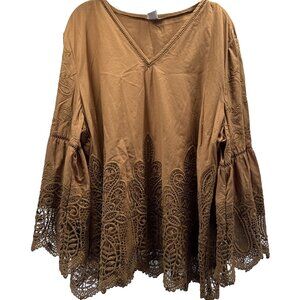 Chicos Women's Top 2X Brown V Neck Bohemian Bell Sleeves Lace Lined Pullover